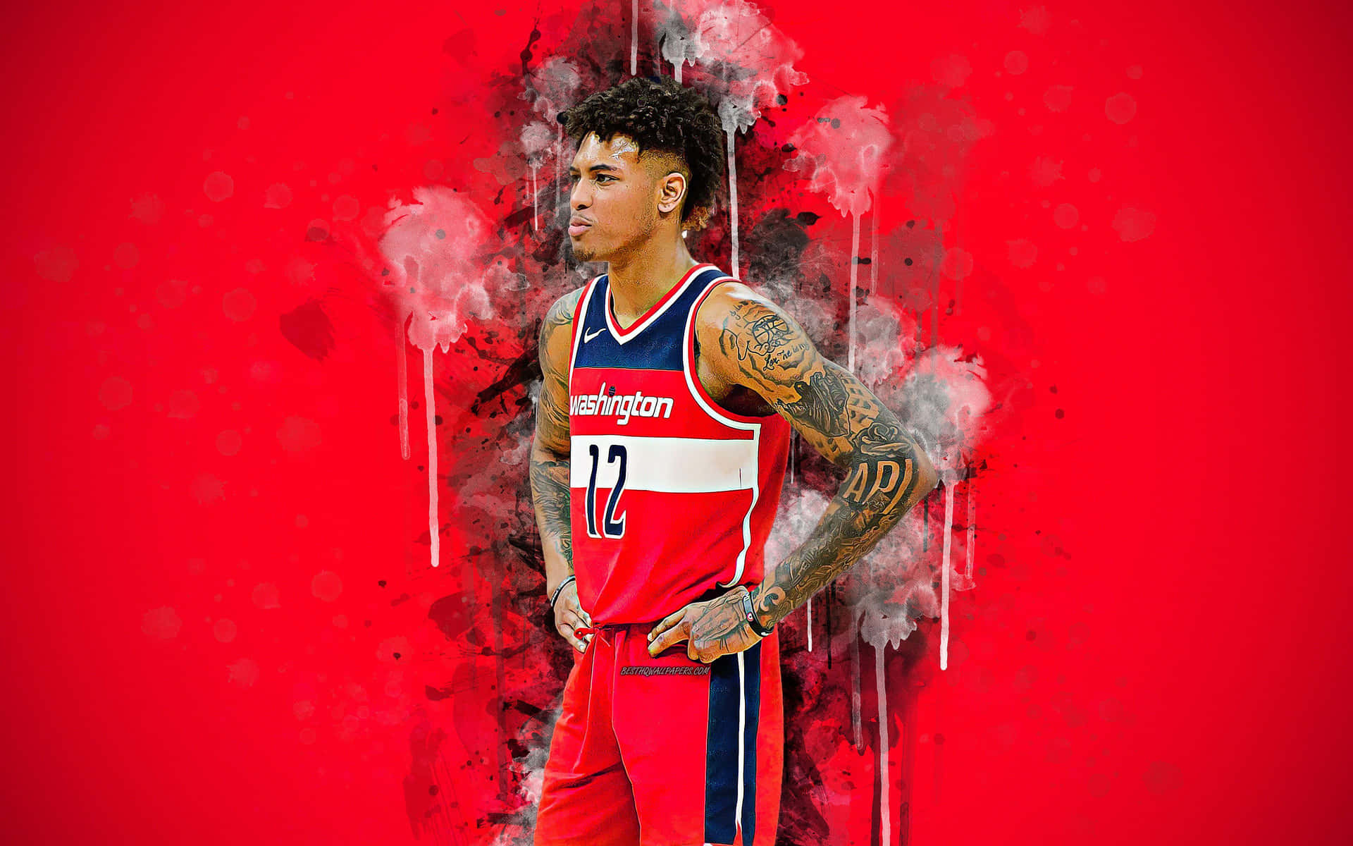 A Basketball Player With Tattoos Standing In Front Of A Red Background Background