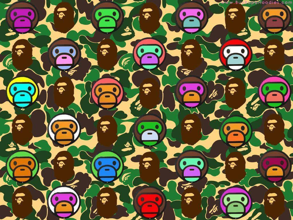A Bathing Ape Camo Pattern With Many Different Colored Monkeys Background