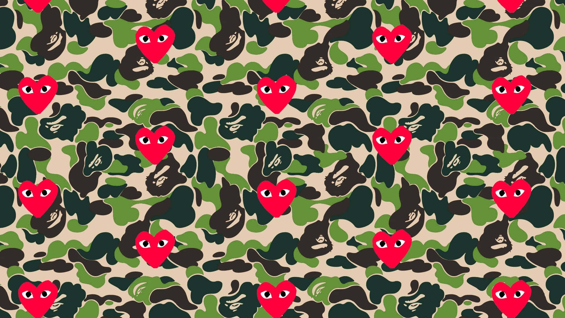 A Bathing Ape Camo Pattern With Red Hearts Background