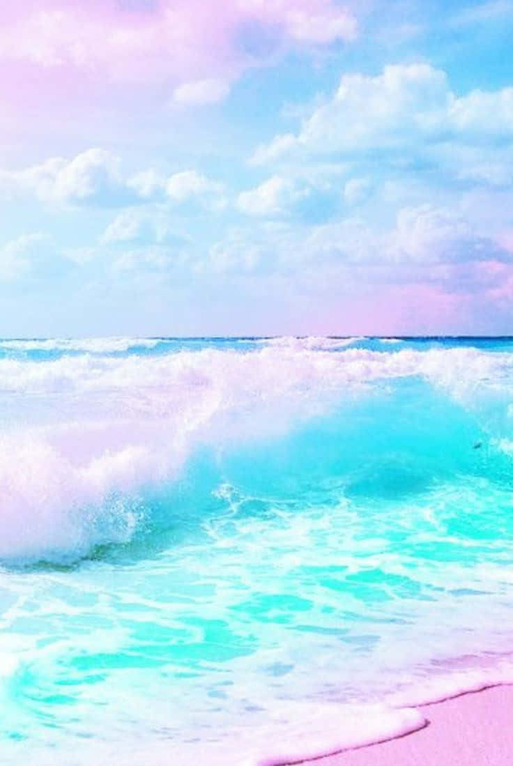 A Beach With Blue And Pink Waves And A Pink Sky Background