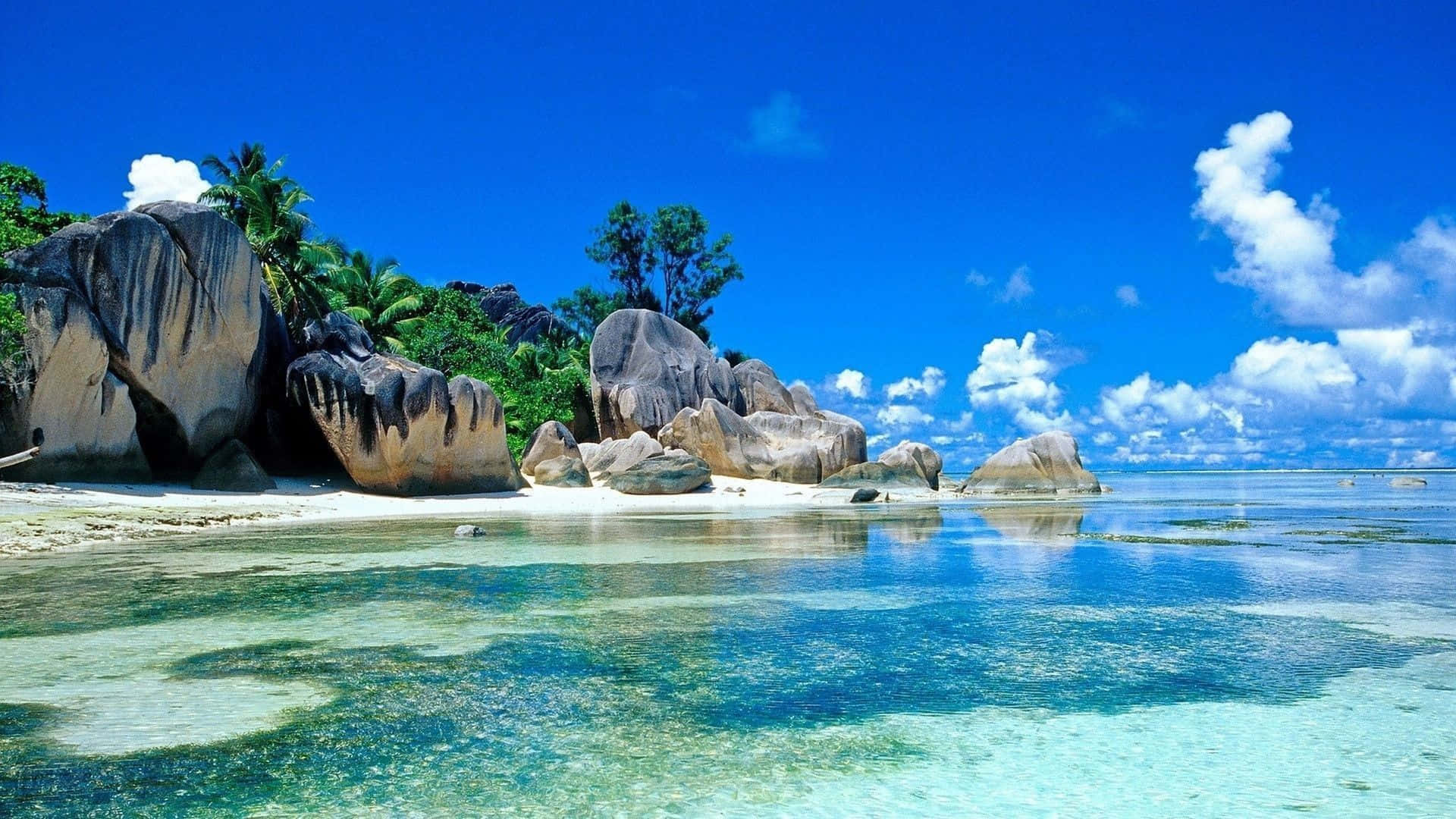 A Beach With Clear Water And Rocks Background