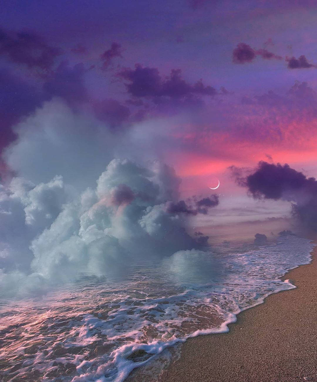 A Beach With Clouds And A Moon At Sunset Background