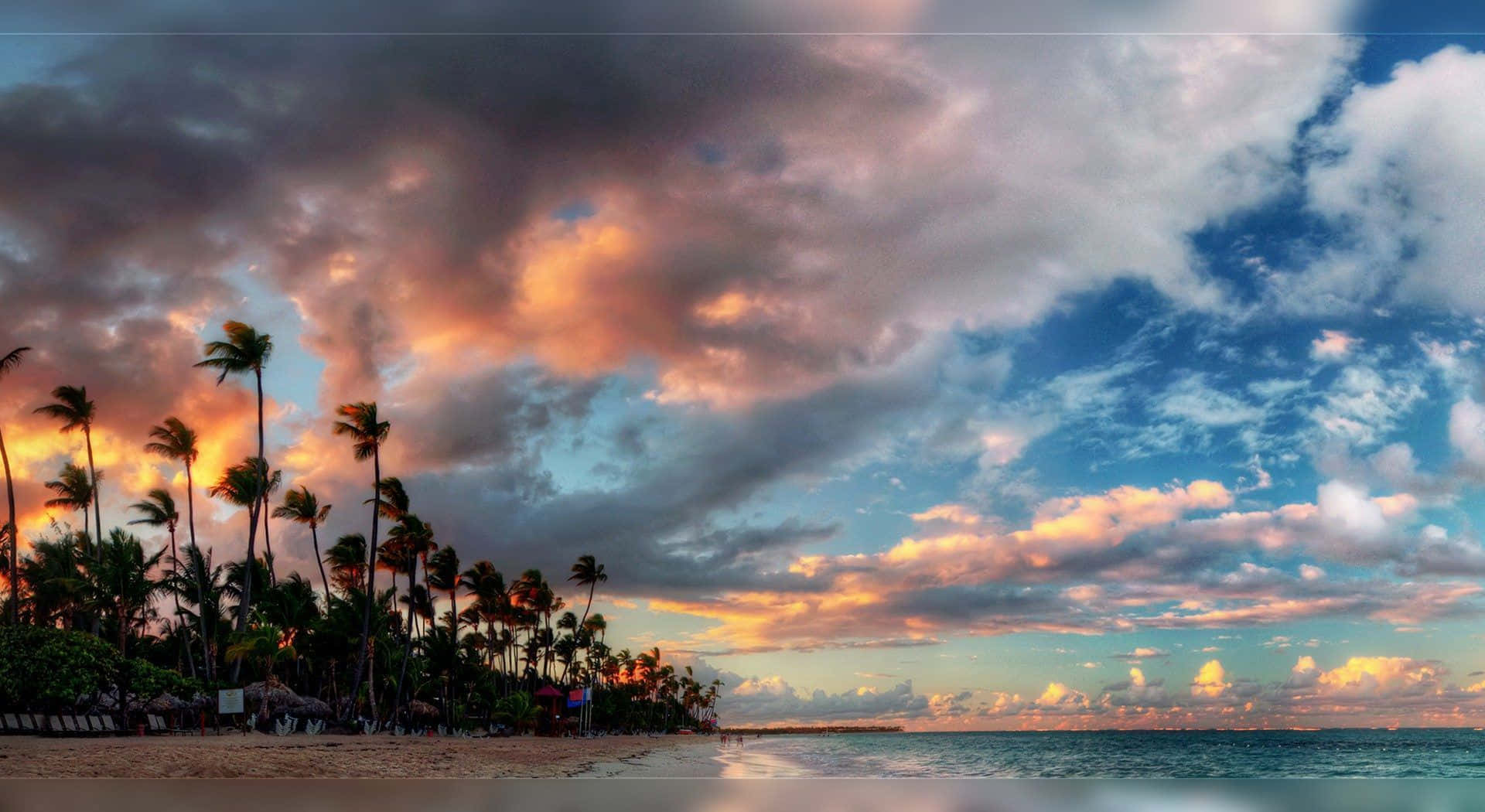 A Beach With Palm Trees And Clouds In The Sky Background