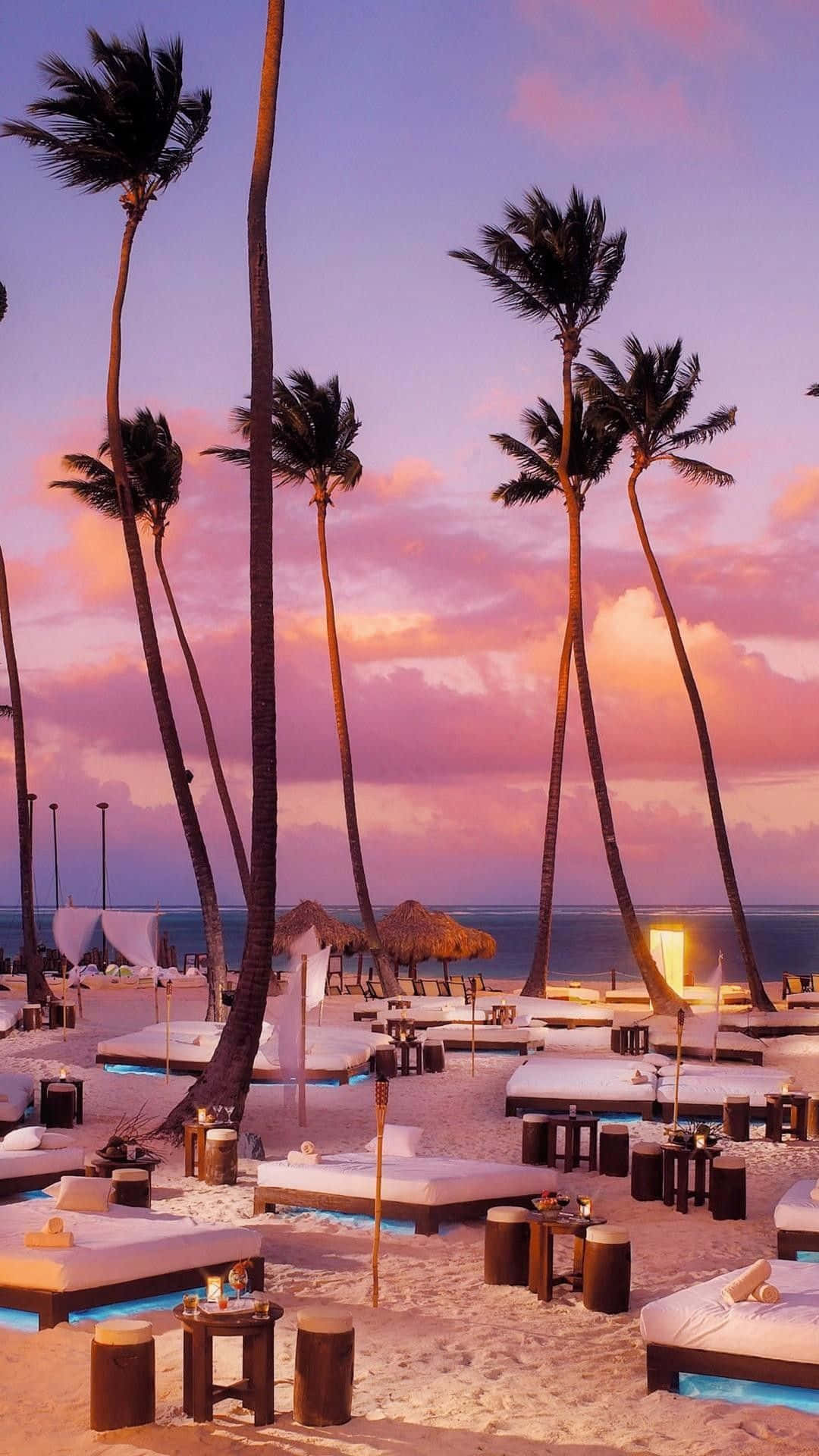 A Beach With Palm Trees And Lounge Chairs Background