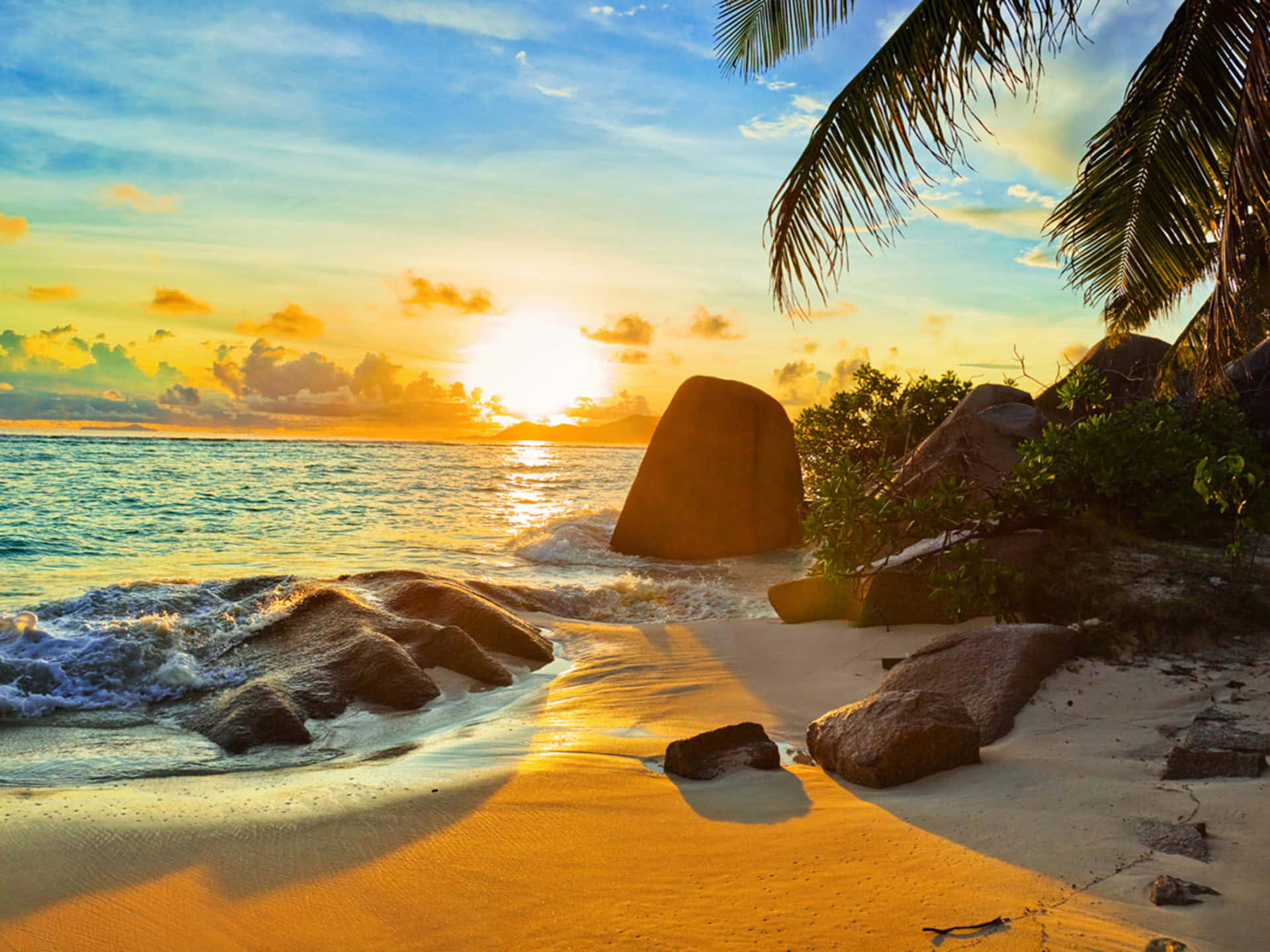 A Beach With Palm Trees And Rocks At Sunset