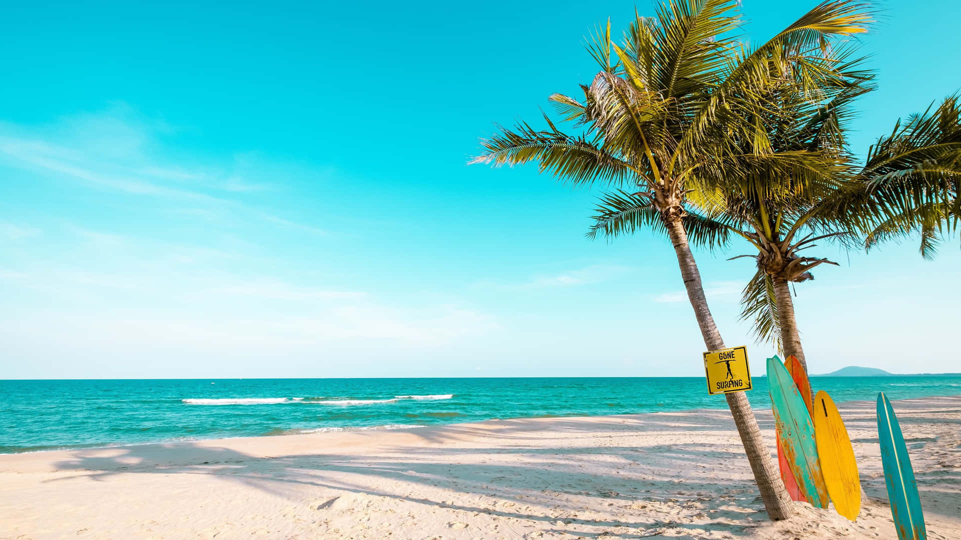 A Beach With Palm Trees And Surfboards Background