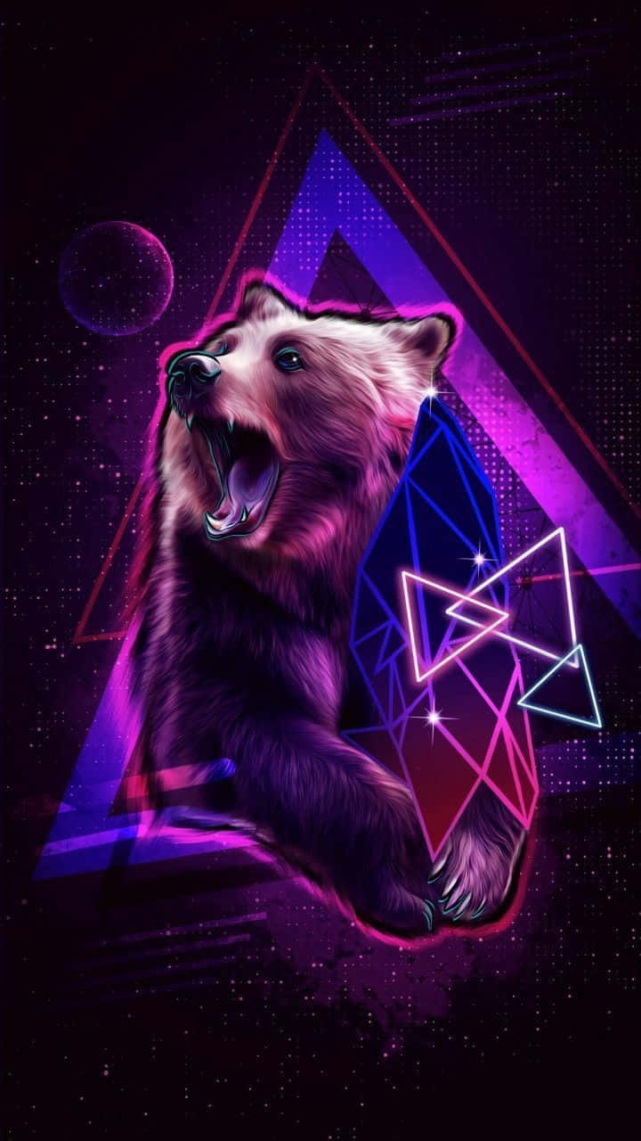 A Bear With A Neon Background And Triangles Background