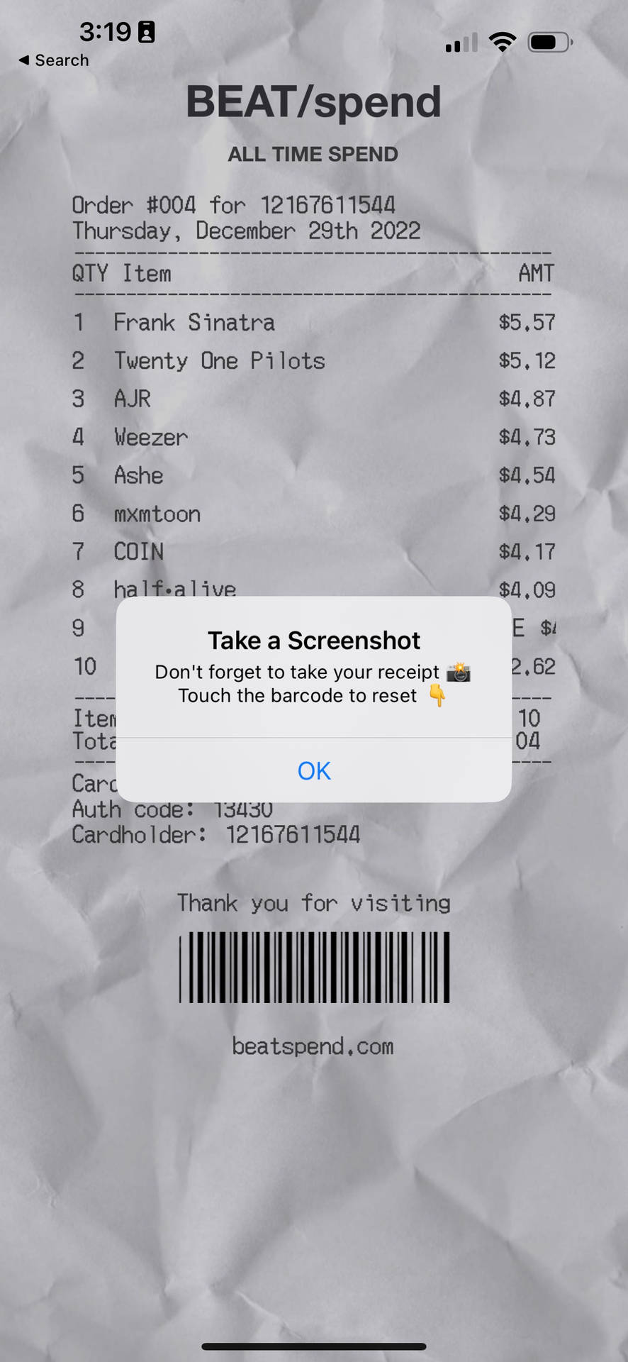 A Beat/spend Receipt