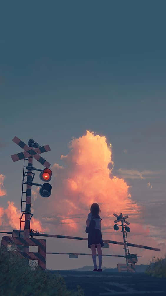A Beautiful Anime Girl In A Dreamy Blue Landscape Background