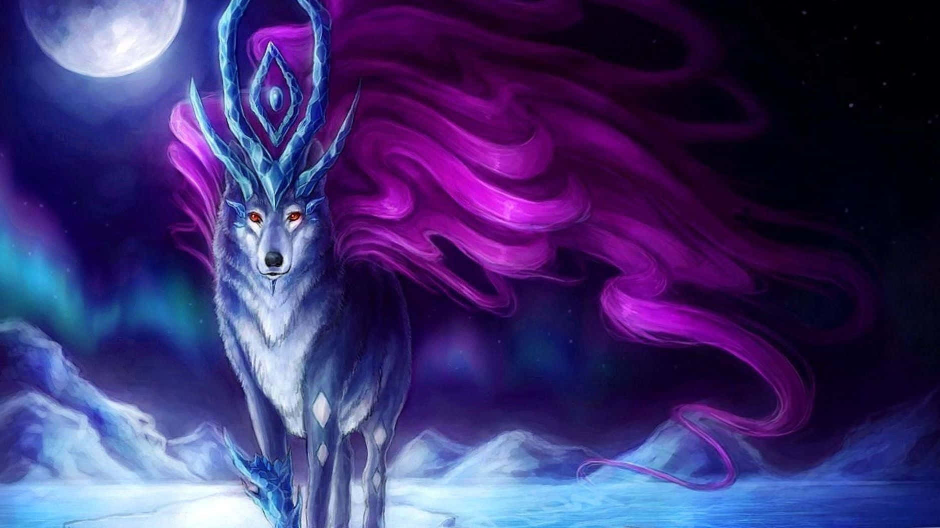 A Beautiful Anime Wolf Art With A Vibrant Red Backdrop Background