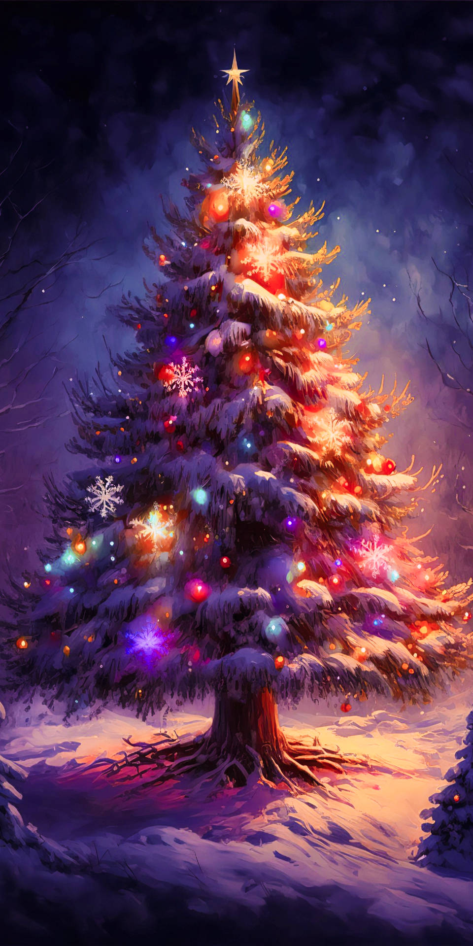 A Beautiful Christmas Tree Enshrouded In Soft Snow. Background