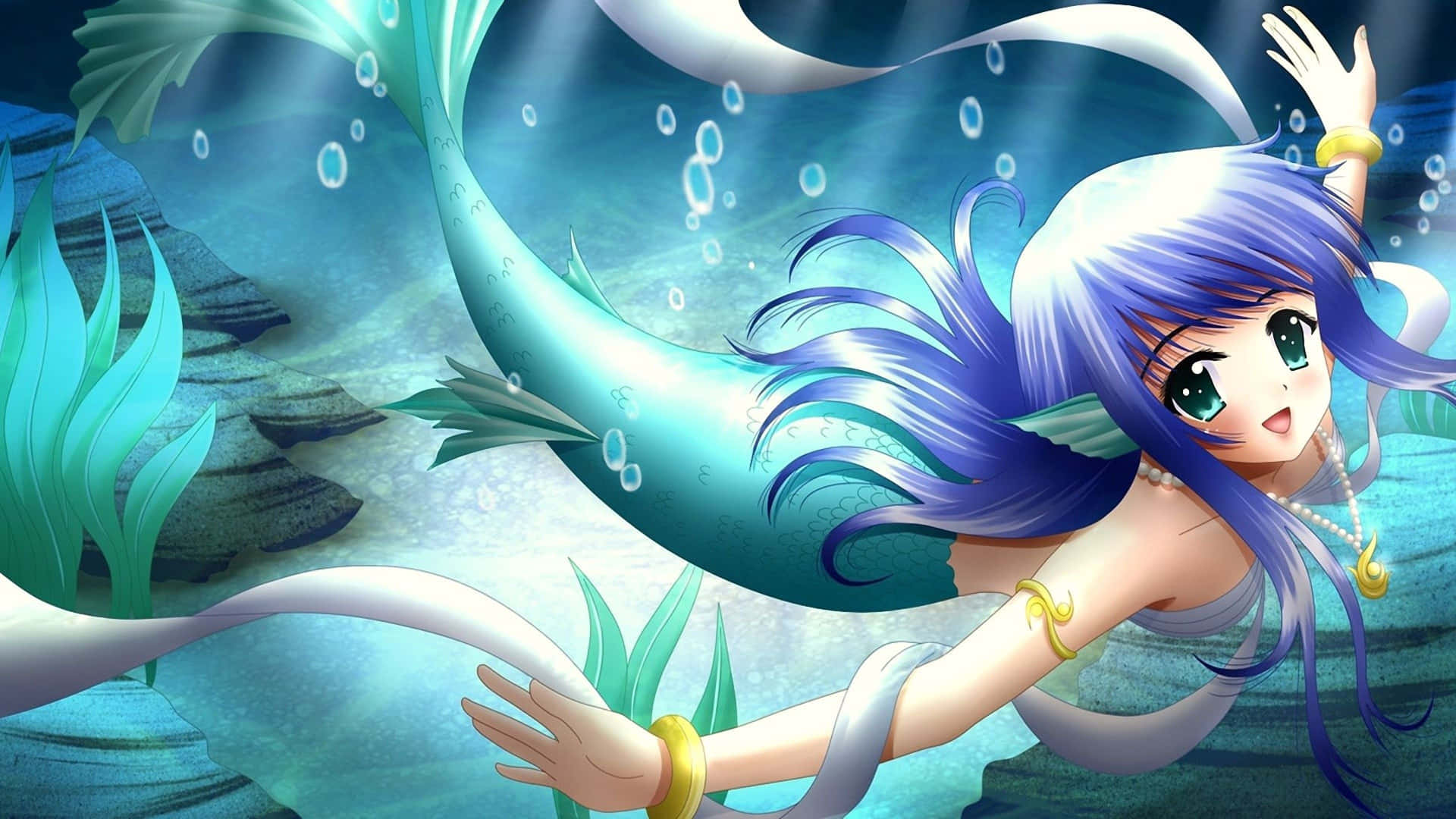 A Beautiful Fairy-tale Mermaid Sits Atop A Rock Out At Sea. Background