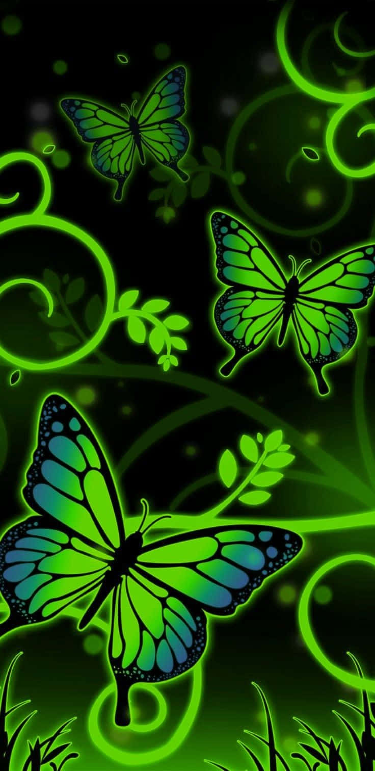 A Beautiful Green Butterfly Surrounded By Vibrant Flowers. Background