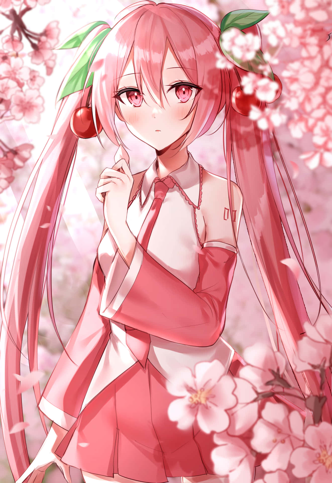 “a Beautiful Illustration Of Sakura Miku Looking Up At Cherry Blossom Petals Floating In The Air”