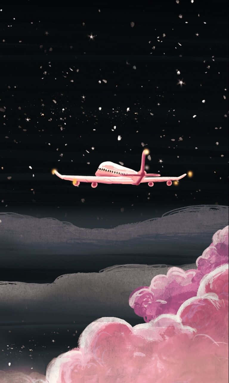 A Beautiful Pink Airplane Flying Against A Bright Blue Sky Background