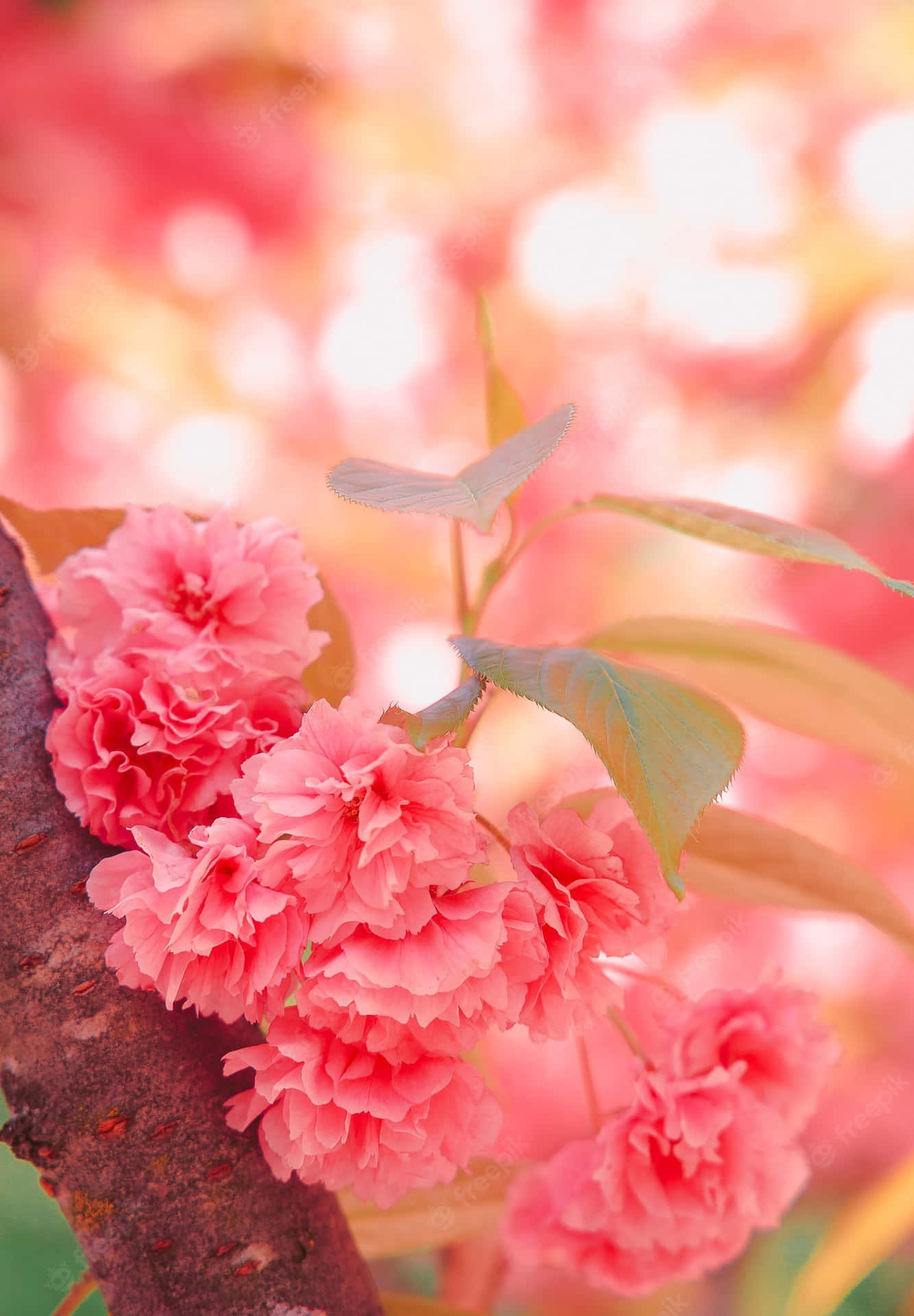 A Beautiful Pink Cherry Blossom Against A Clear Blue Sky. Background