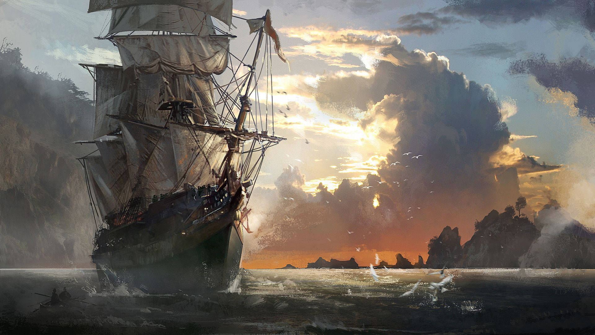 A Beautiful Pirate Ship Sails Across A Horizon Of Soft Pastels Background