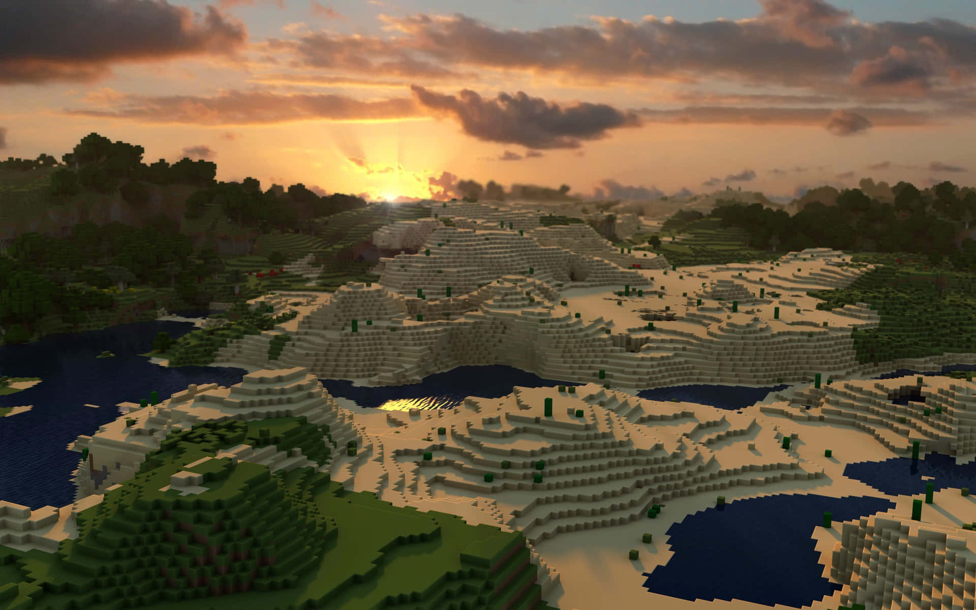 A Beautiful Sunset Over A Minecraft World Background
