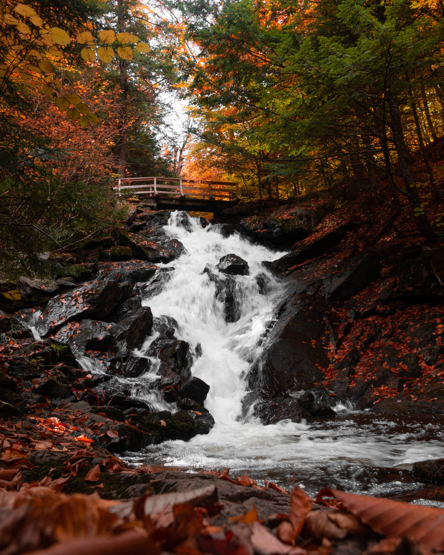 A Beautiful Waterfall Cascading In Autumn Background