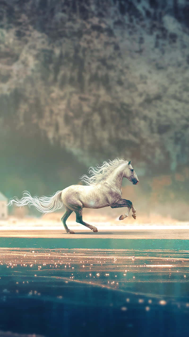 A Beautiful White Horse Galloping Through A Scenic Landscape Background