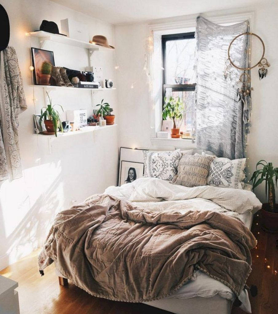 A Bedroom With A Bed And A Bedside Table Background