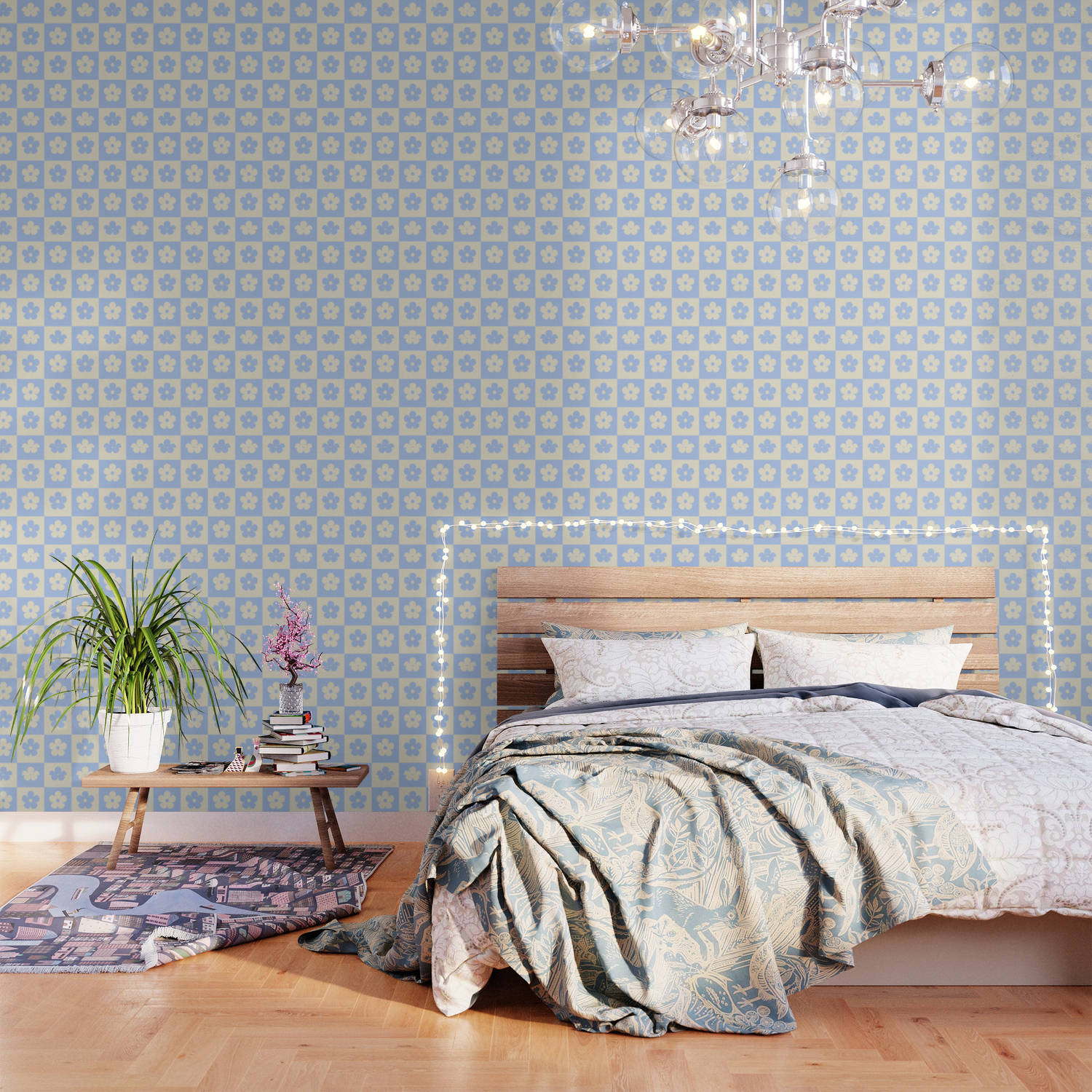 A Bedroom With A Bed And A Lamp Background