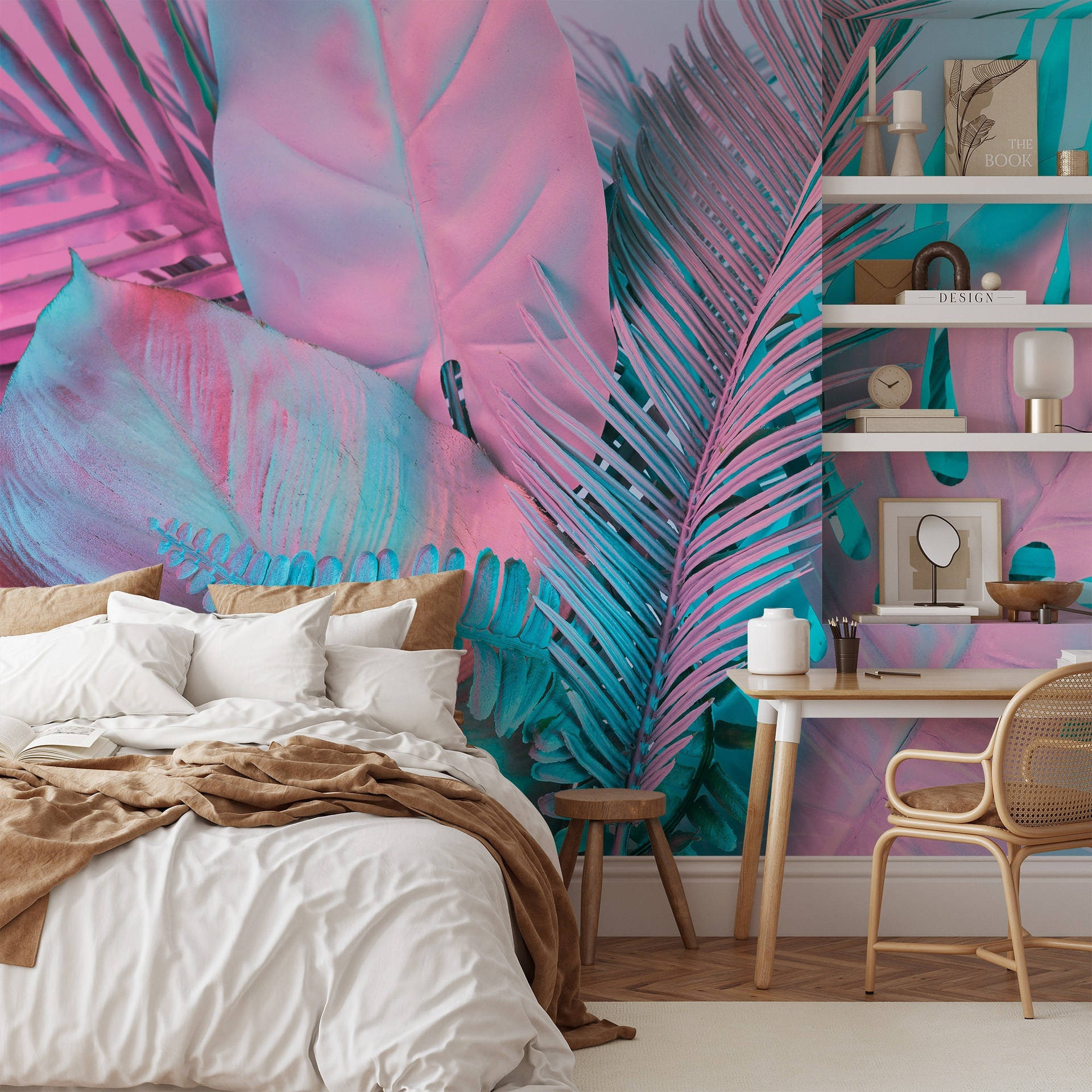 A Bedroom With A Pink And Blue Wall Background