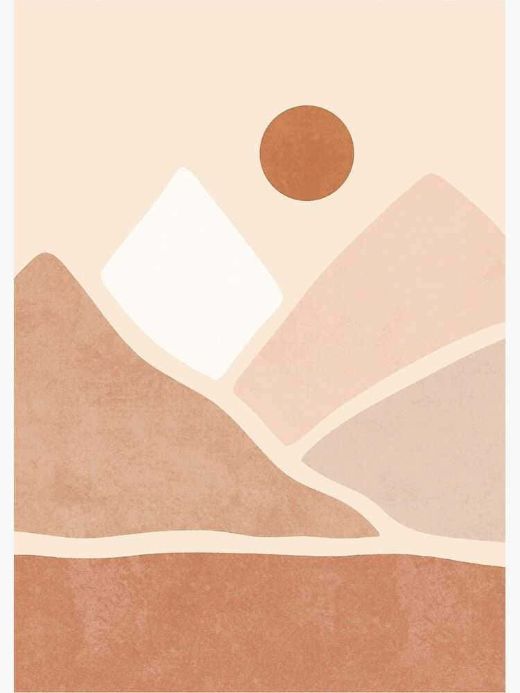 A Beige And Brown Abstract Painting With A Sun And Mountains Background