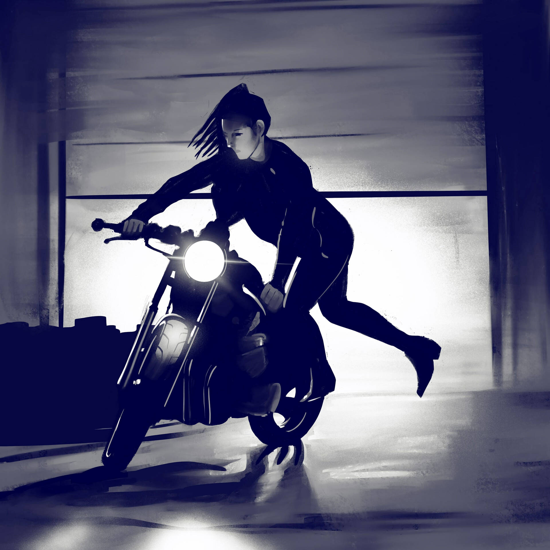 A Biker Girl Escapes The City Background
