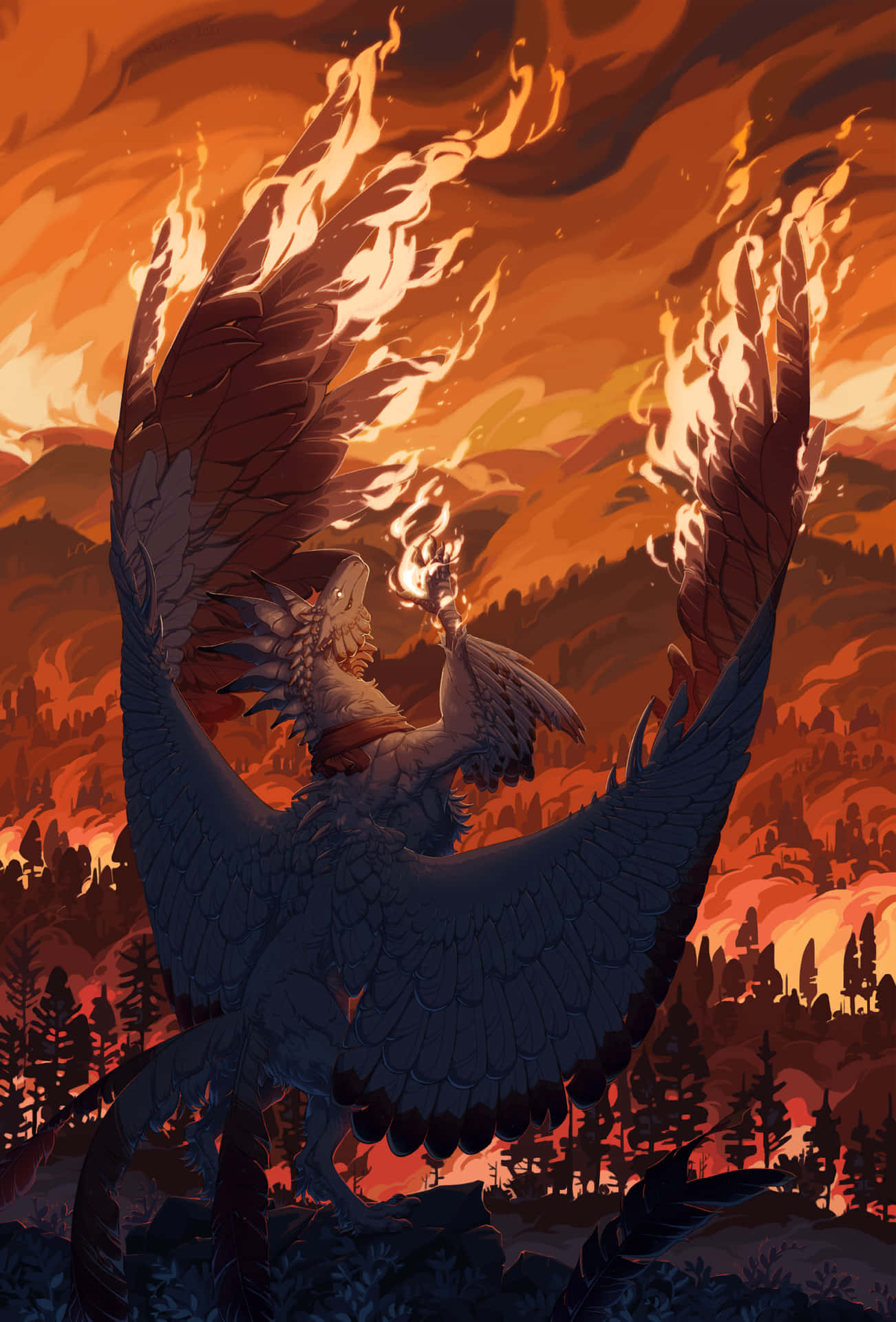 A Bird With Wings In The Sky With Fire Background