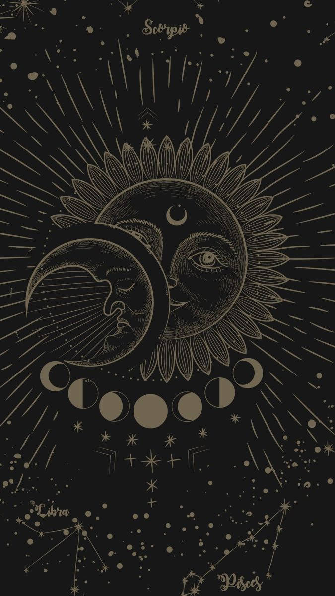 A Black And Gold Illustration Of The Sun And Moon Background