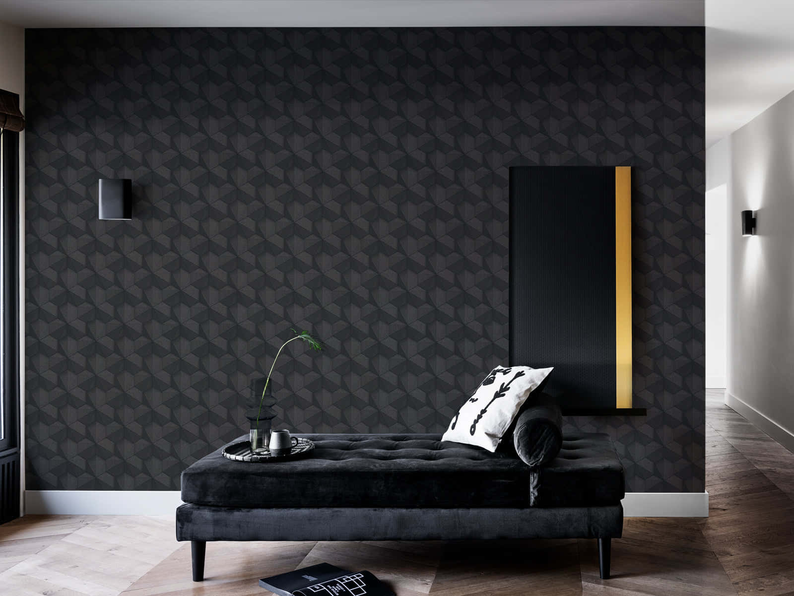 A Black And Gold Wallpaper In A Room Background