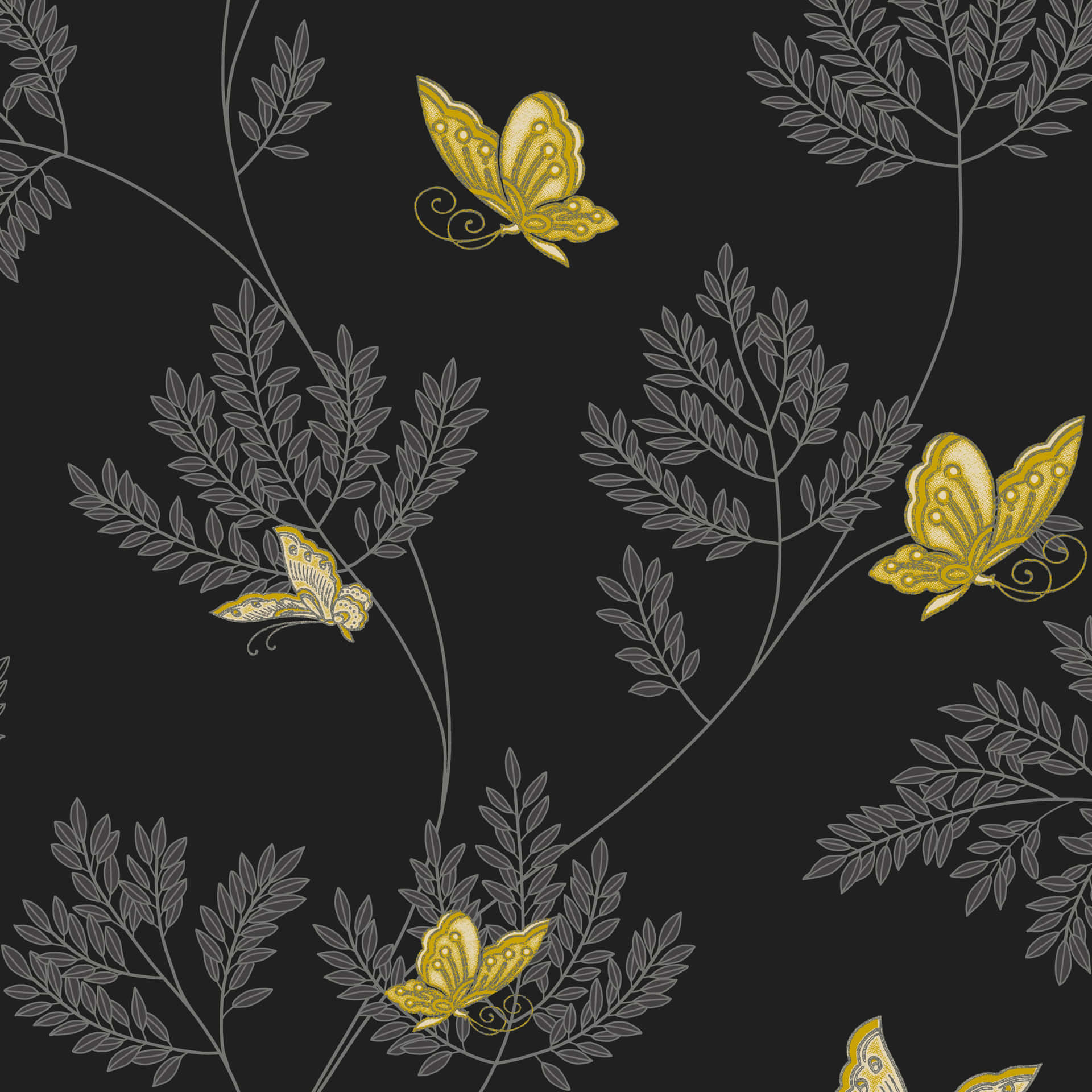 A Black And Gold Wallpaper With Butterflies Background