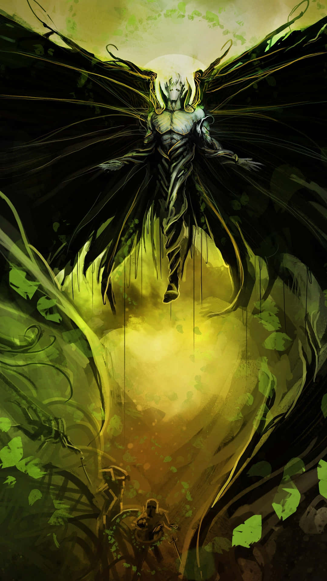 A Black And Green Creature With Wings Flying Over A Forest Background