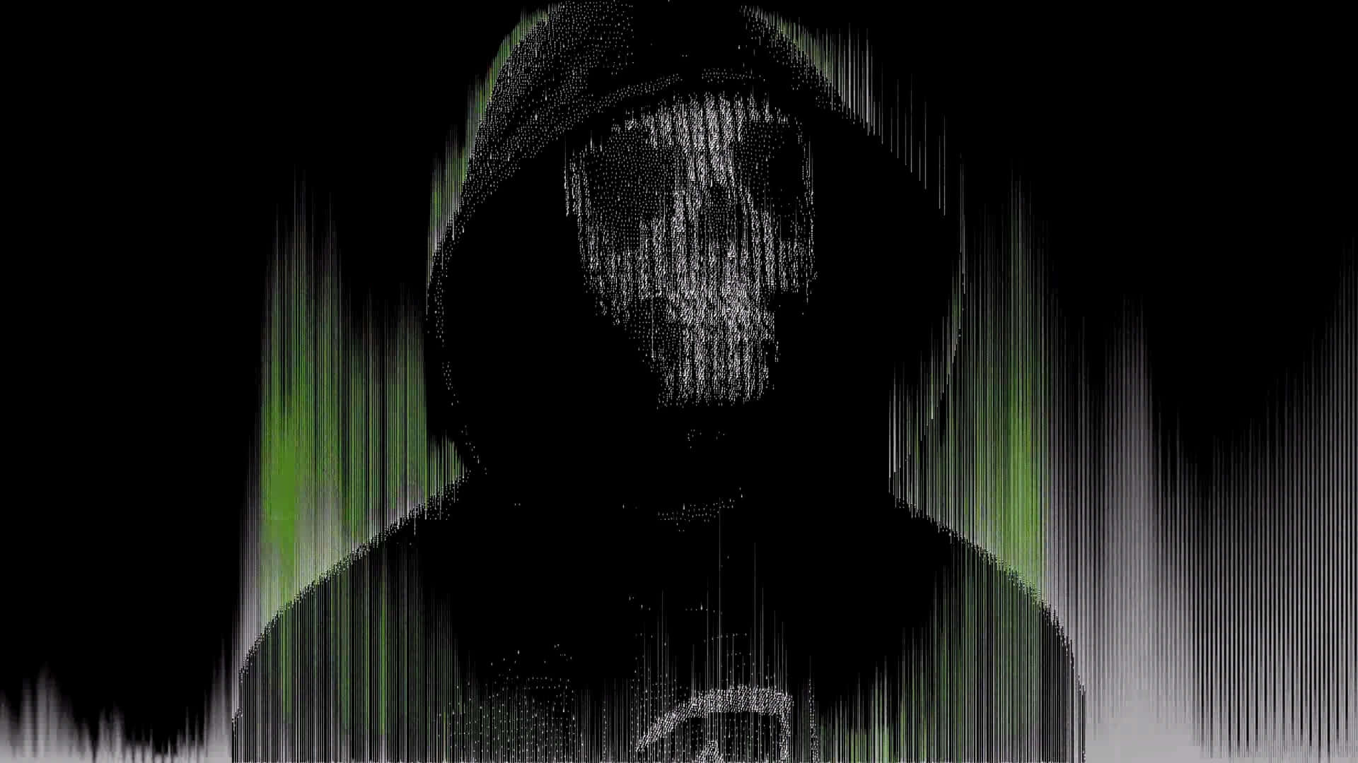 A Black And Green Hooded Figure With A Skull Background