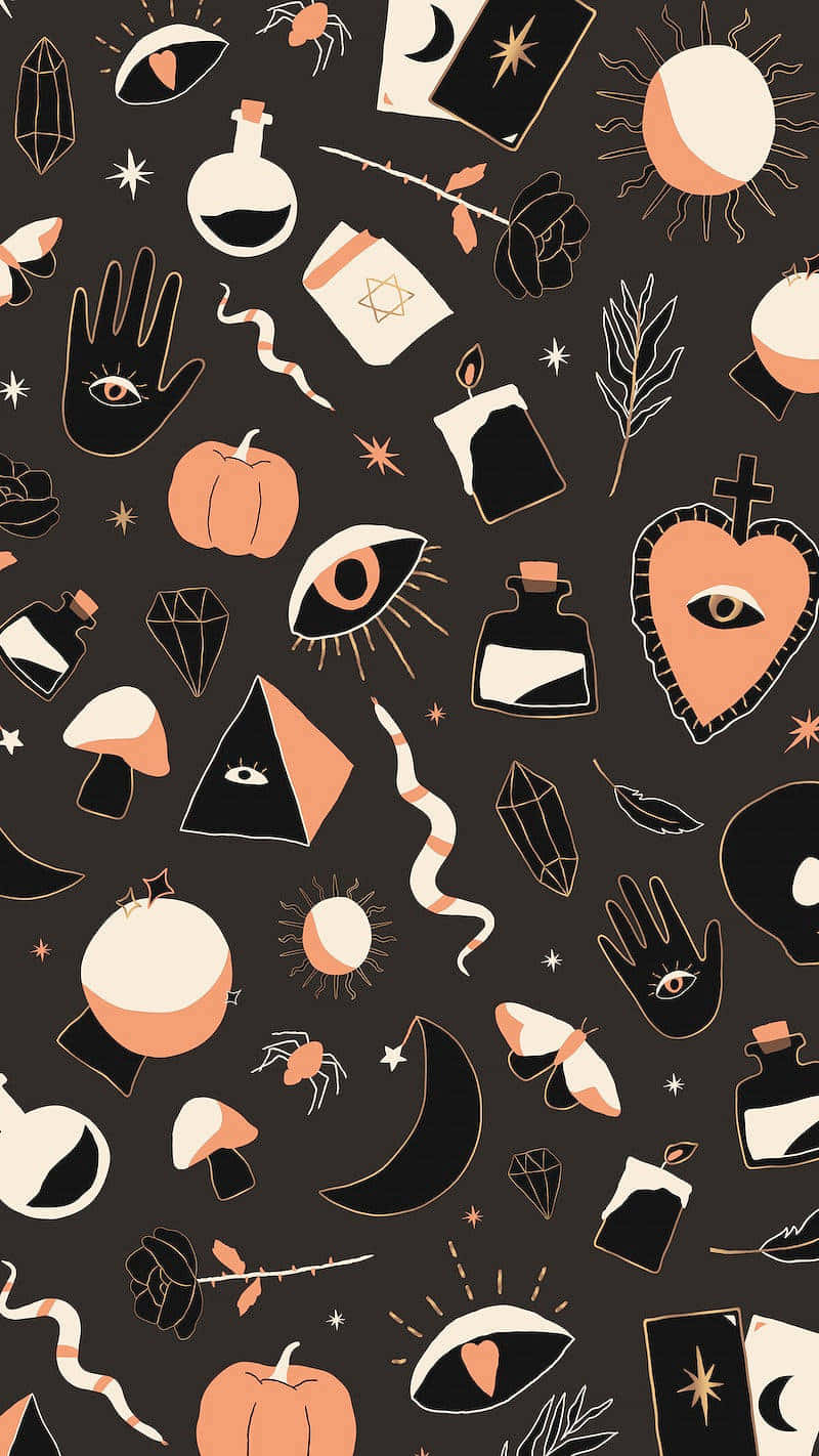 A Black And Orange Pattern With Various Objects Background