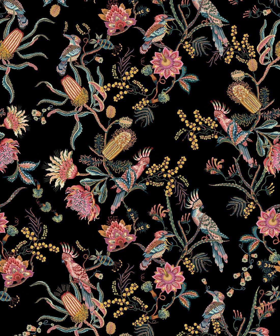 A Black And Pink Floral Pattern With Birds And Flowers