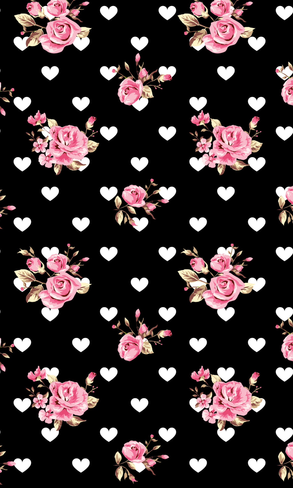 A Black And Pink Floral Pattern With Hearts Background