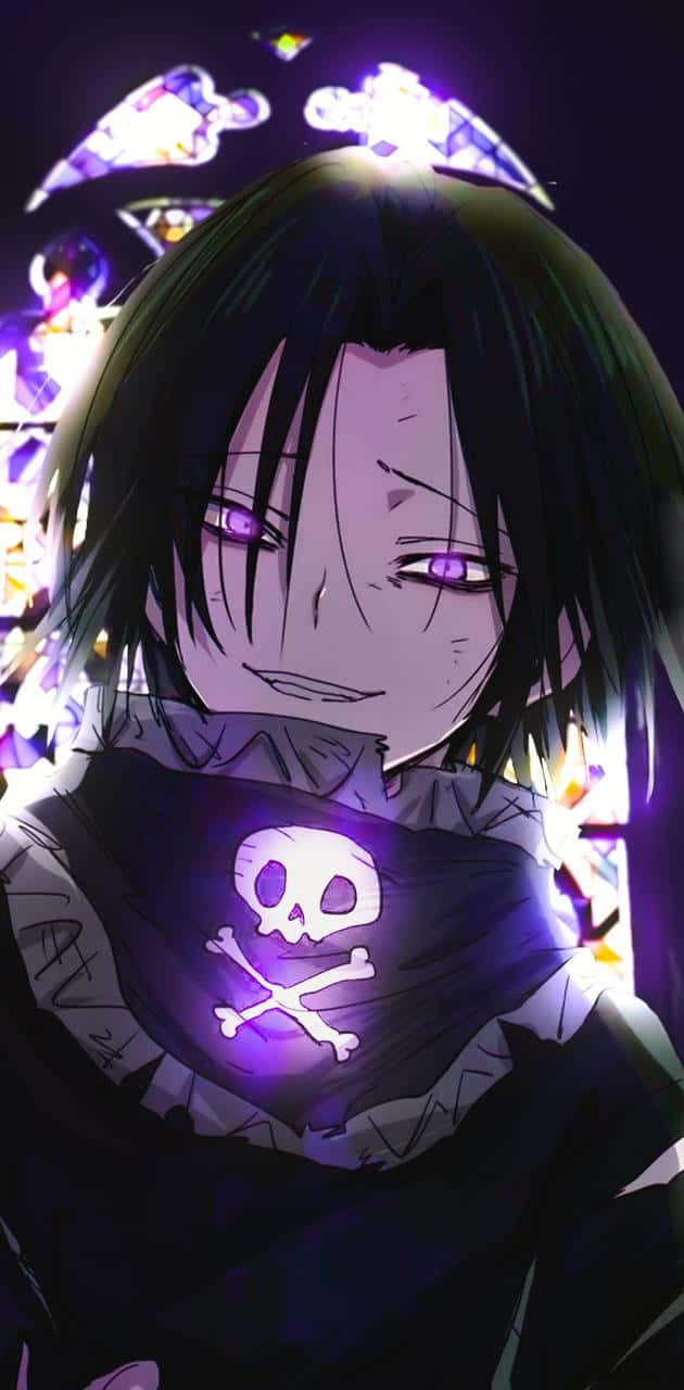 A Black And Purple Anime Character With A Skull And Crossbones Background