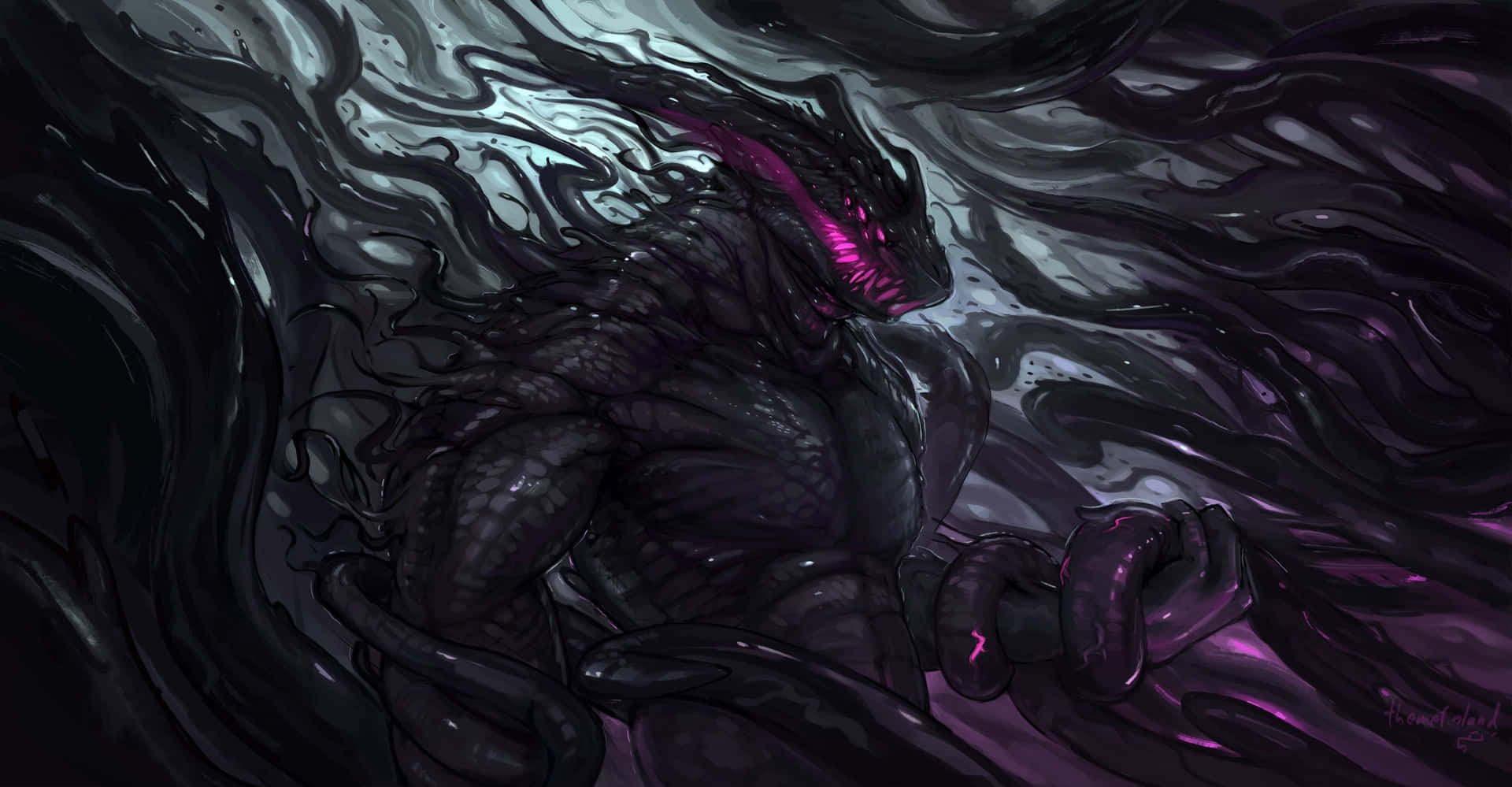 A Black And Purple Creature With A Pink Head Background