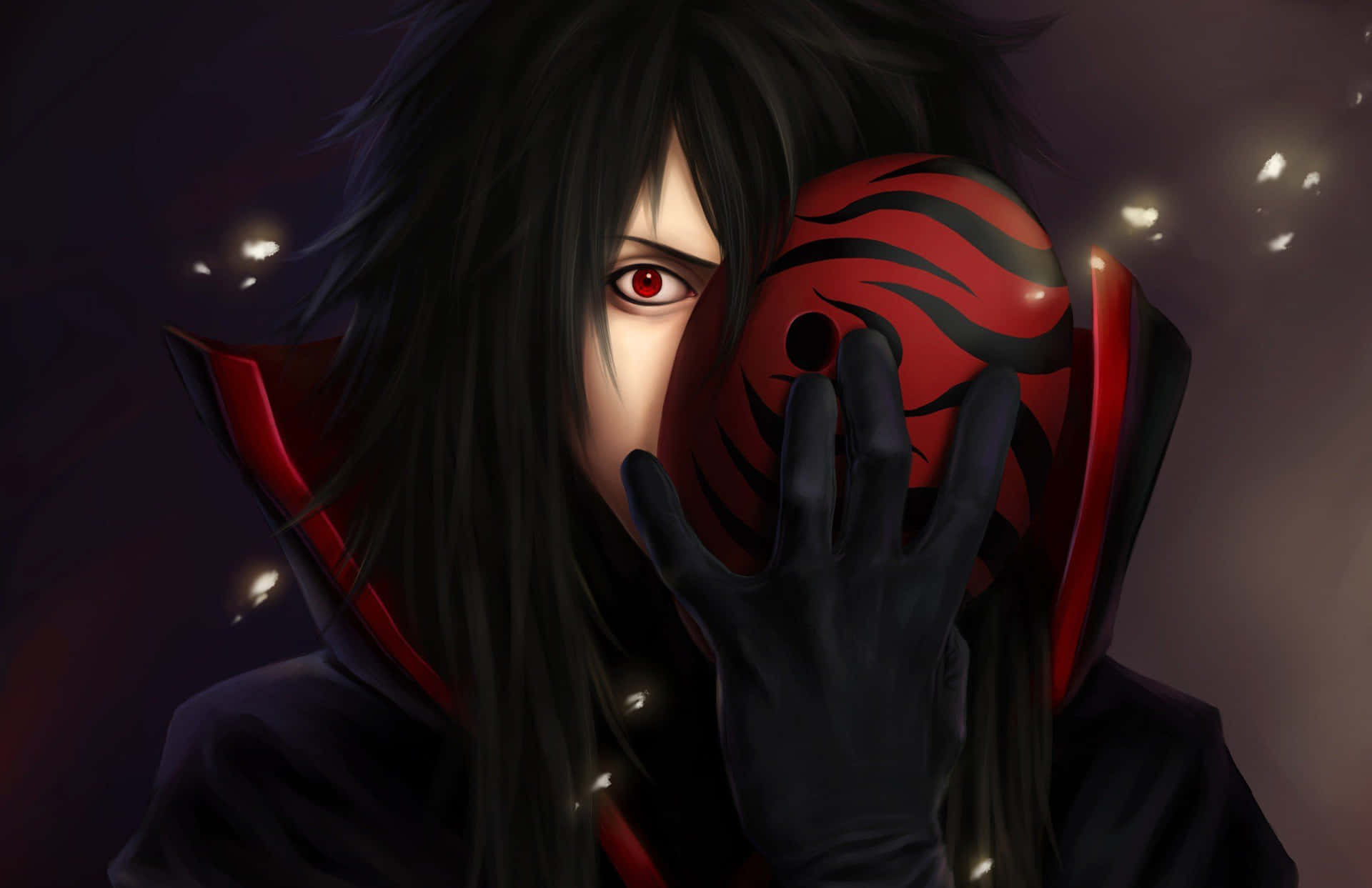 A Black And Red Anime Character With Long Hair Covering His Face Background