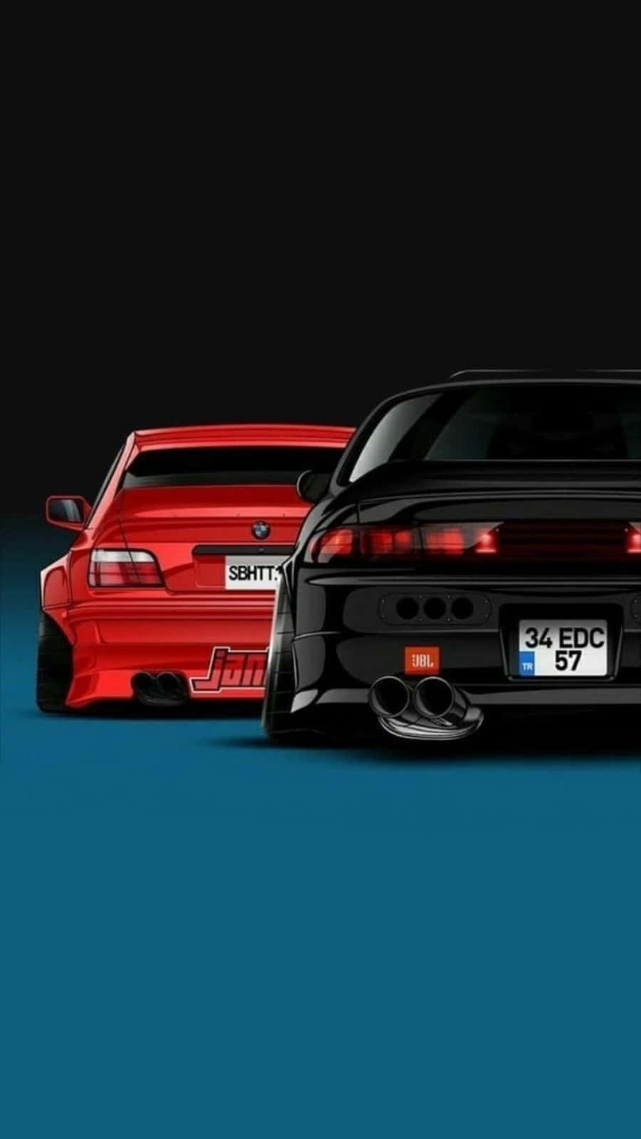 A Black And Red Car With A Red Tail Light Background