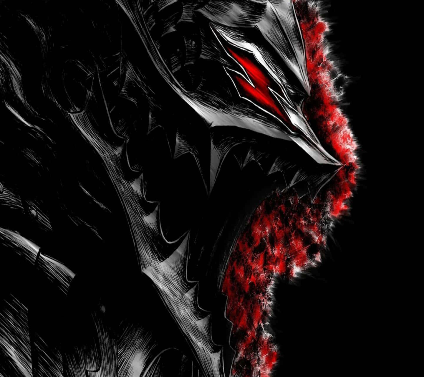 A Black And Red Drawing Of A Demon With Red Eyes