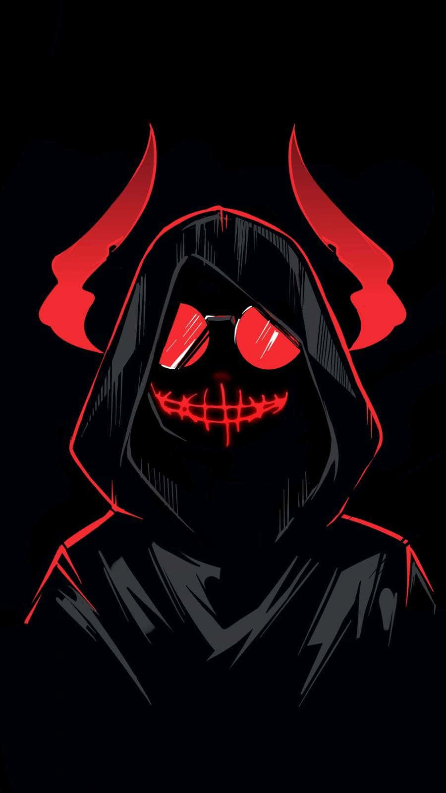 A Black And Red Hooded Demon With Red Horns Background