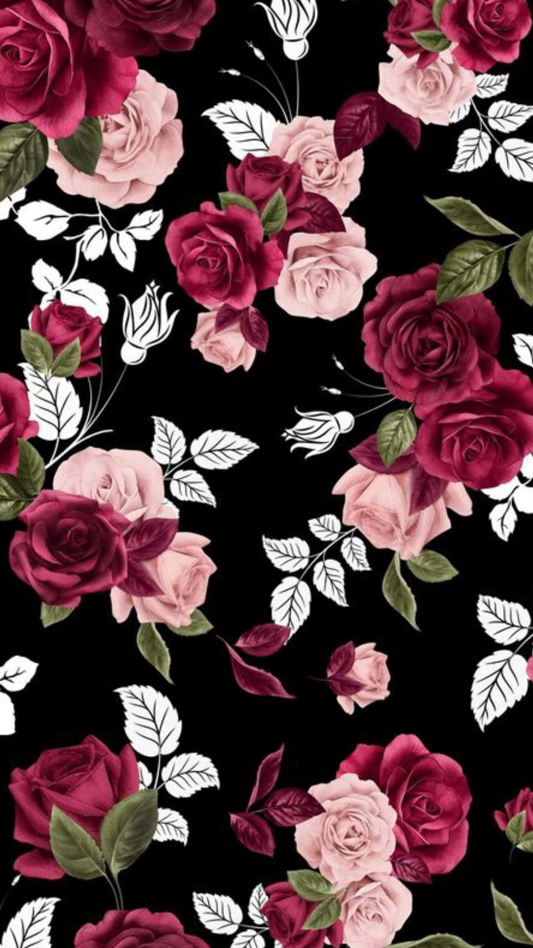 A Black And Red Roses Pattern On A Black Background Background