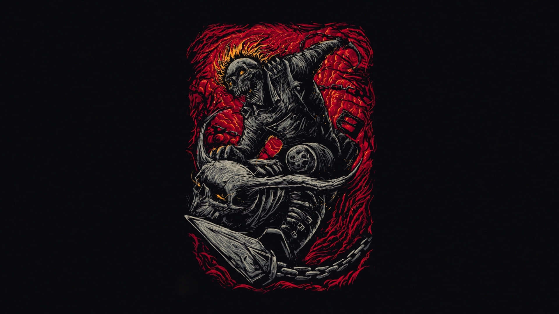 A Black And Red Tattoo With A Demon Riding A Horse Background