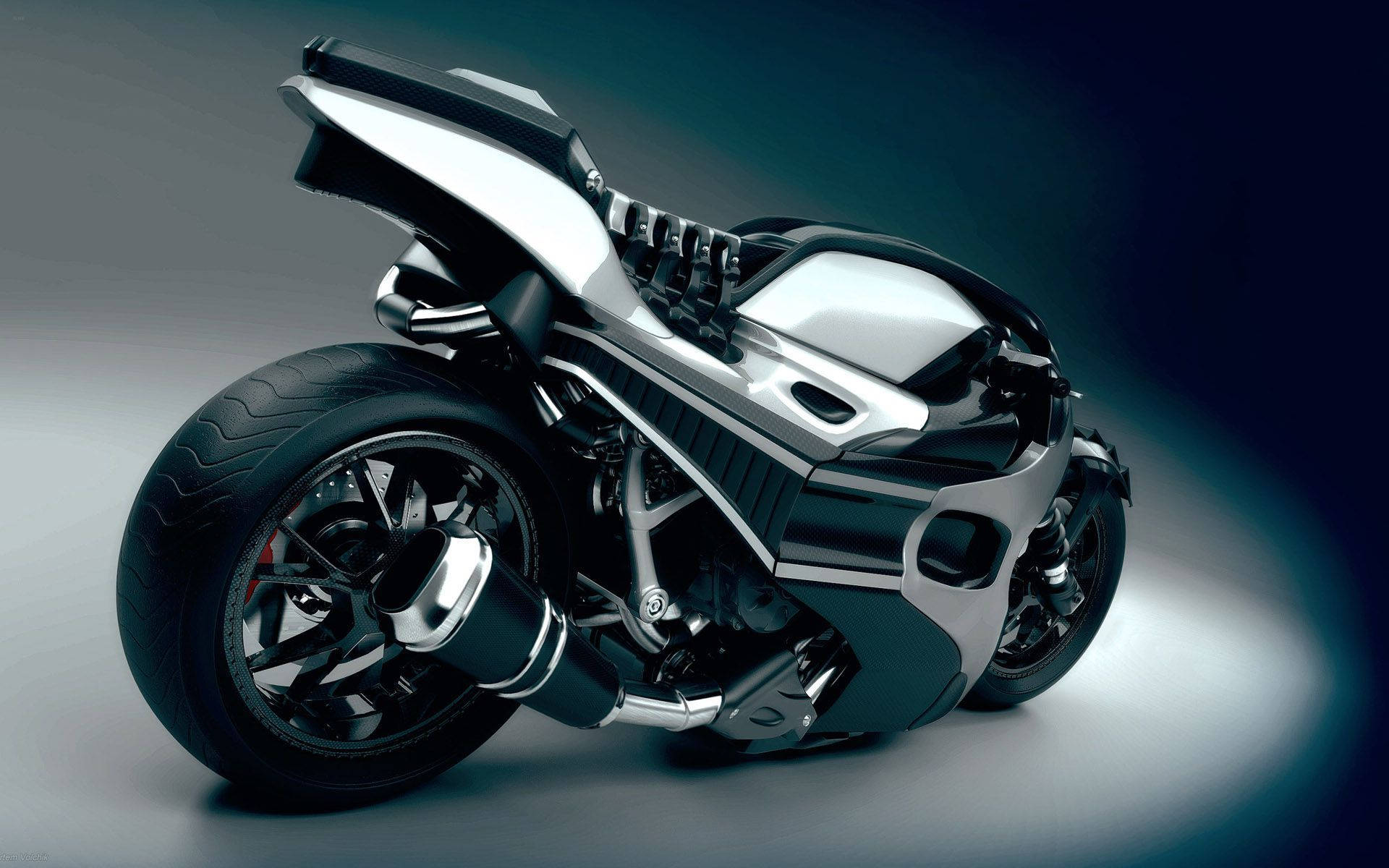 A Black And Silver Motorcycle Is Shown In A Dark Room Background