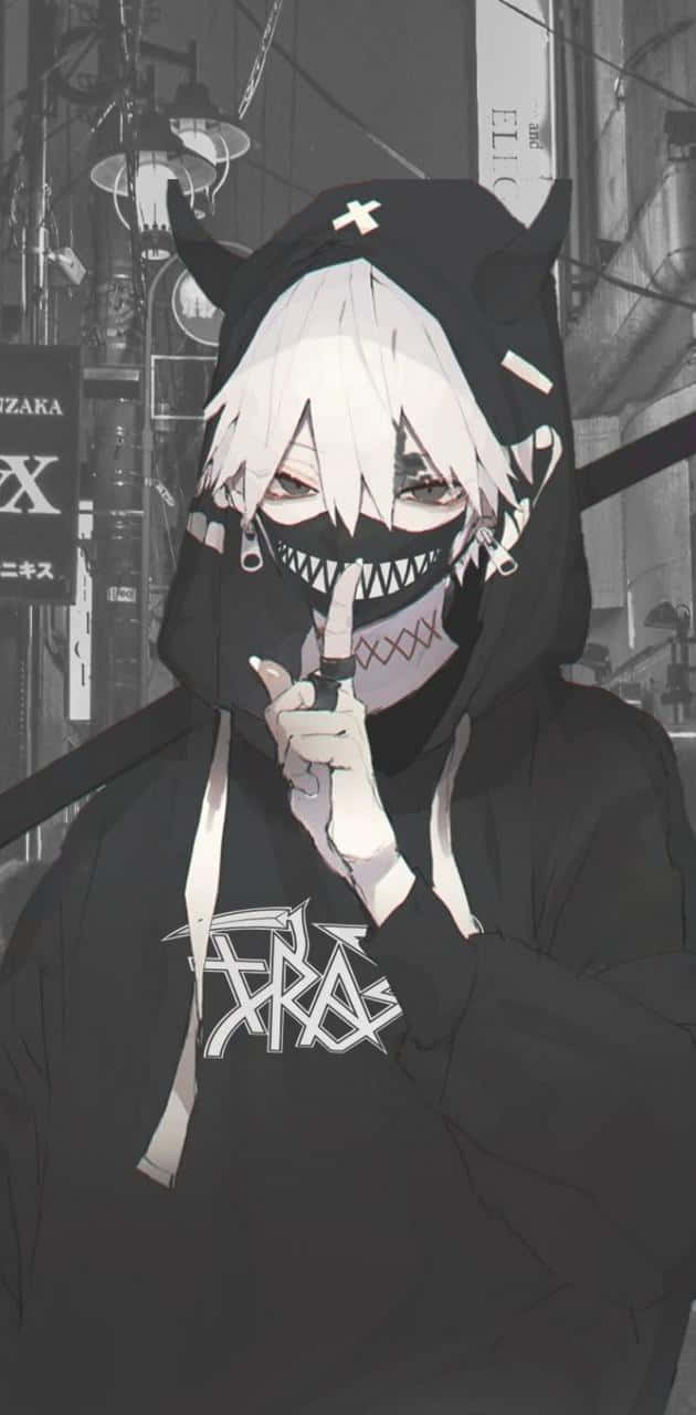 A Black And White Anime Character With A Hoodie Background