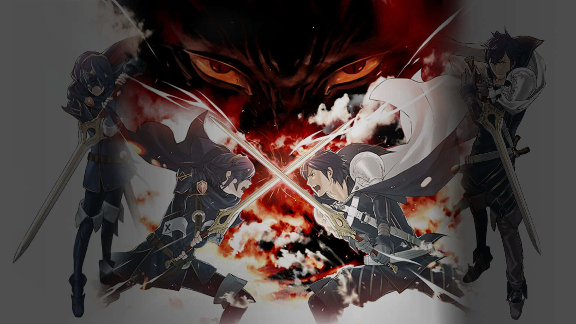 A Black And White Anime Poster With Two Swords Background