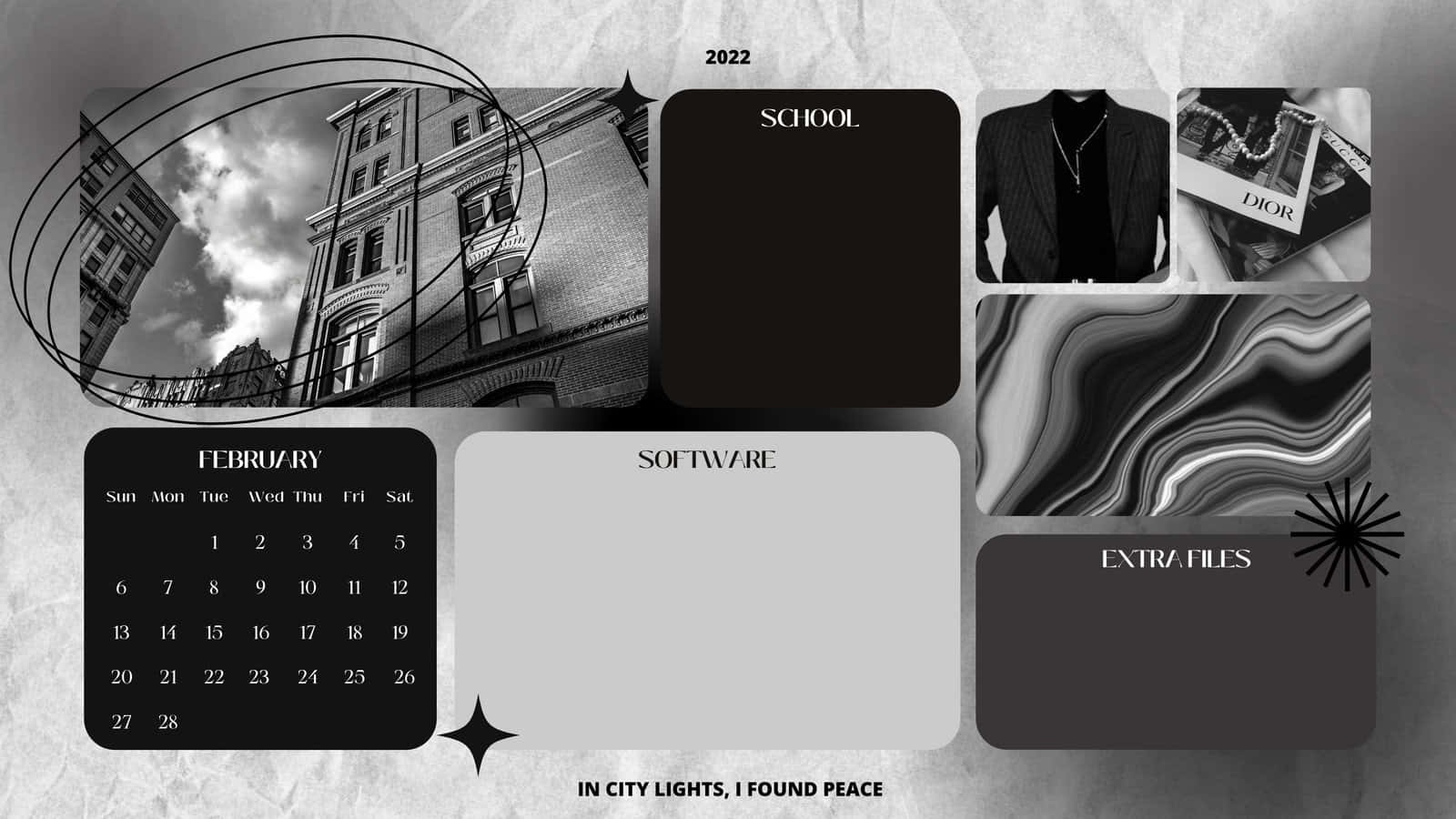 A Black And White Calendar With Pictures And Text Background